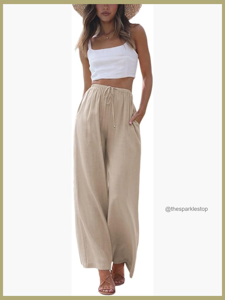 Cotton Linen Palazzo Pants Wide Leg Beach Trousers With Pockets